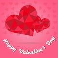 Happy valentine`s day and two red heart polygon on pink heart background