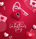 Happy valentine`s day vector design. Valentine`s day text with lock and key love symbol elements. Royalty Free Stock Photo