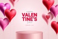 Happy valentine`s day vector design. Valentine`s day text in podium stage with heart shape balloons floating elements.
