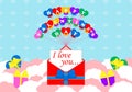 Happy Valentine`s Day. Vector festive template with air balloons and hearts. I love you inscription. Sky background with clouds. Royalty Free Stock Photo