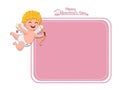 Happy Valentine`s Day. Vector Greeting Card cupid cartoon character with bow and arrow. decorative element on Valentine. posters,
