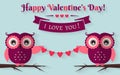 Happy Valentine's Day! Vector greeting card with flat owls. Royalty Free Stock Photo