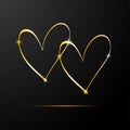 Happy ValentineÃ¢â¬â¢s day vector greeting card with two gold hearts on black background