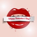 Happy Valentine's Day vector illustration, red lips holding a paper banner on light background