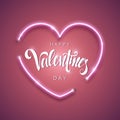 Happy Valentine`s Day vector lettering inscription. Modern calligraphy. Abstract pink background with bright neon heart.