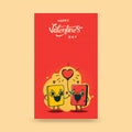 Happy Valentine`s Day Vertical Banner With Funny Smartphone Couple Cheering On Yellow And Red