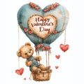 Happy Valentine\'s Day: Watercolor Couple of Teddy Bears Sitting on Heart-Shaped Hot Air Balloon AI Generated