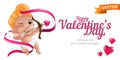 Happy ValentineÃ¢â¬â¢s Day web banner or flyer with baby cupid and bow, pink ribbon and 3D hearts. Vector illustration isolated on