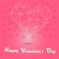 Happy valentine`s day and white heart polygon on pink heart background