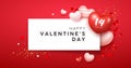 Happy Valentine`s day, white paper space, red and pink, white balloon heart banners design on red background Royalty Free Stock Photo