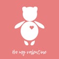 Happy Valentine`s Day. White teddy bear with red heart on a pink background. Greeting card.