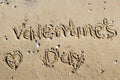 Happy Valentine\'s Day written on the sand of tropical beach Royalty Free Stock Photo