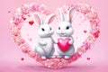 Happy valentine\'s greeting card, concept of love confession. A couple of very cute bunnies deep against a heart, cartoon