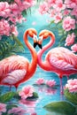 Happy valentine\'s greeting card, concept of love confession. A couple of very cute flamingo.