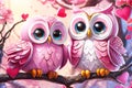 Happy valentine\'s greeting card, concept of love confession. A couple of very cute owls. Royalty Free Stock Photo