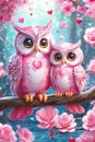 Happy valentine\'s greeting card, concept of love confession. A couple of very cute owls. Royalty Free Stock Photo