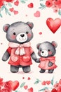 Happy valentine\'s greeting card with very cute bears, cartoon character. Watercolor Royalty Free Stock Photo