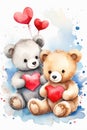 Happy valentine\'s greeting card with very cute bears, cartoon character. Watercolor