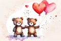 Happy valentine\'s greeting card with very cute bears, cartoon character. Watercolor