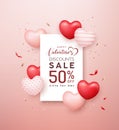 Happy valentine`s sale red and pink, white balloon heart with white paper flyer poster design Royalty Free Stock Photo