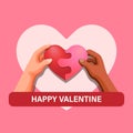 Happy Valentine. two people hand hold heart puzzle, love diversity symbol concept in cartoon illustration template vector Royalty Free Stock Photo