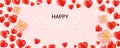 Happy Valentine's Day banner with shining lights garland, light bulbs, hearts, gift box on pink background. Royalty Free Stock Photo