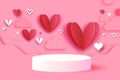 Happy Valentine's day 3D Podium scene or pedestal on pink background with heart paper cut craft shapes. Studio for Royalty Free Stock Photo