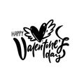 Happy Valentine's day lettering phrase and heart love sign with wings.