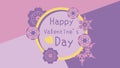 Happy Valentine's Day Messages and a yellow heart on a circle, decorated with flowers on a pink-purple background.