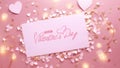 Happy Valentine's day motion text on holiday card postcard with glow of lamps in shape of heart on pink backgropund