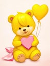 Happy valentine yellow teddy bear holding pink heart. Romantic gift, greeting card with place for text. Generative AI