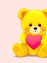 Happy valentine yellow teddy bear holding pink heart. Romantic gift, greeting card with place for text. Generative AI