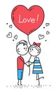 Happy Valentines Card. Guy is kissing girl. Couple in love holding red heart shaped balloon with lettering Love