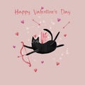 Happy valentines cat card. Cute cat and red hearts