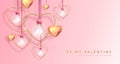 Happy Valentines Day background with 3D gold love hearts and electric lamps. Valentine interior design.