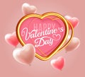 Happy Valentines Day background design with realistic heart shaped balloons and golden heart frame. Greeting card Royalty Free Stock Photo