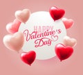 Happy Valentines Day background design with realistic heart shaped balloons and white frame. Greeting card, Valentine`s Royalty Free Stock Photo