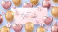 Happy Valentines Day banner, poster or flyer with helium shine rose-gold and gold balloons, confetti and cherry blossoms