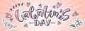 Happy Valentines day background hand written lettering with doodle stickers gifts, letter, hearts. 14 feb banner for social media Royalty Free Stock Photo