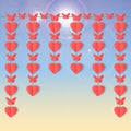 Happy Valentines day background with hanging garlands of hearts and butterflies. Paper elements on sky with flares.