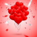 Happy Valentines Day background, red balloon in form of heart with bow, ribbon and confetti. Vector illustration Royalty Free Stock Photo