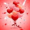 Happy Valentines Day background, red balloon in form of heart with bow, ribbon and confetti. Vector illustration Royalty Free Stock Photo