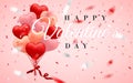 Happy Valentines Day background, red, pink and orange balloon in form of heart with bow and ribbon and Paper shopping bag. Vector Royalty Free Stock Photo