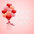 Happy Valentines Day background, red, pink and orange balloon in form of heart with bow and ribbon and Paper shopping bag. Vector Royalty Free Stock Photo