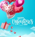 Happy valentines day balloons with falling hearts vector design. Valentines day greeting text with flying colorful air balloon Royalty Free Stock Photo