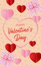 happy valentines day banner with big hert inthe center, gifts and pink-red paper hearts
