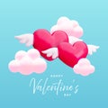 Happy Valentines Day banner, flying 3d red hearts with white wings and pastel pink clouds in blue sky. Trendy realistic Royalty Free Stock Photo