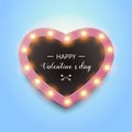 Happy Valentines day banner. Heart light sign on blue background. Vector.