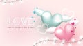 Happy Valentines Day banner. Hearts cute with wings decorated with hearts neon light on pink background. Vector illustration. Royalty Free Stock Photo