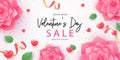 Happy Valentines Day banner. Holiday design with beautiful paper cut pink flowers and green leaves, 3d realistic red hearts on whi